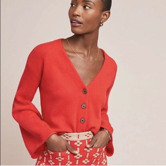 Anthropologie Women's Bell Sleeve Button Up Knit Cardigan Sweater RED S - Picture 2 of 3
